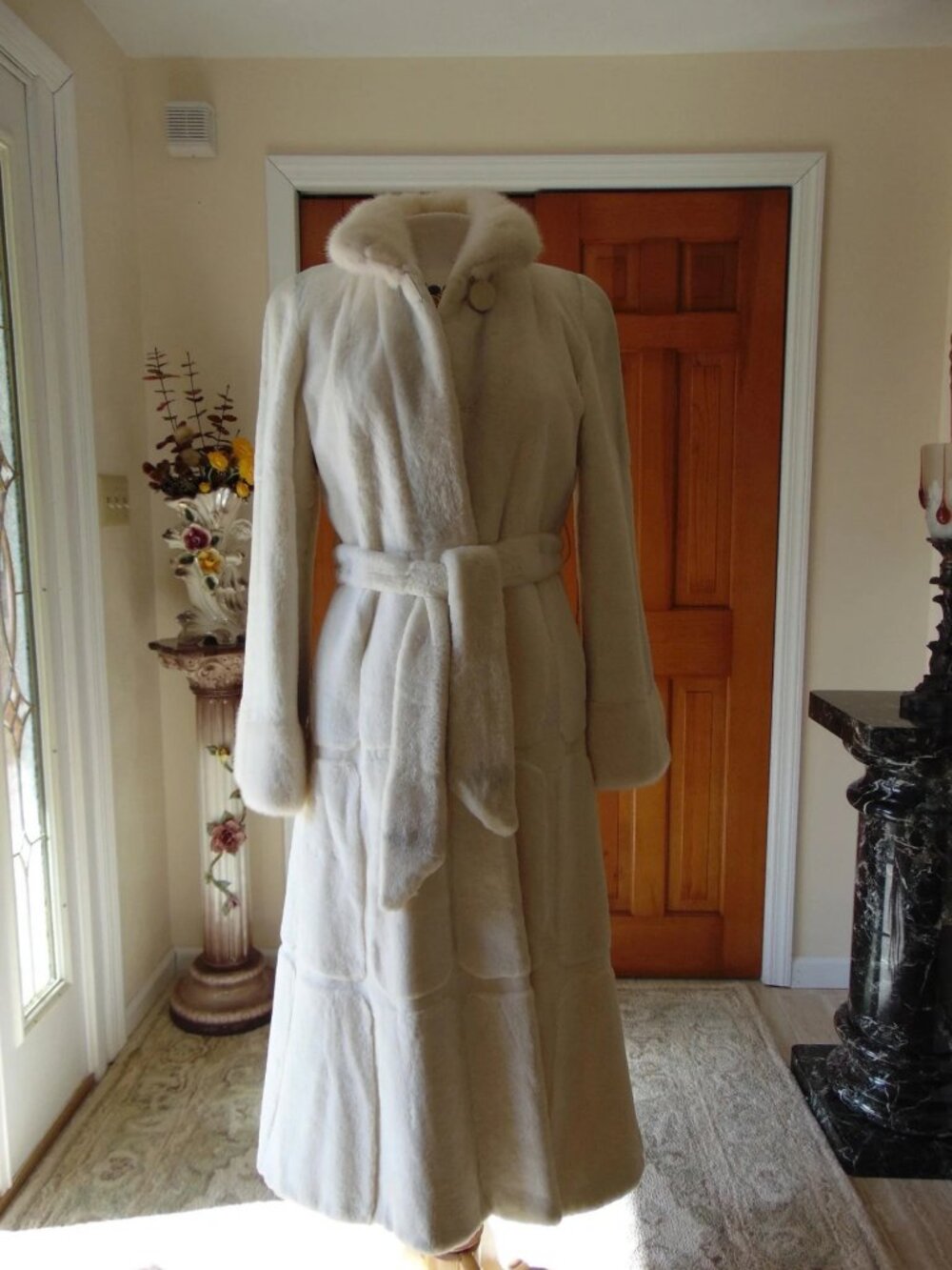 Vintage White Sheared Mink Fur Coat: Rhinestone Button, Size 10